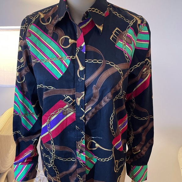 Ralph Lauren, Horsebit & Chain Button down Blouse Sz Petite Small - Picture 4 of 7